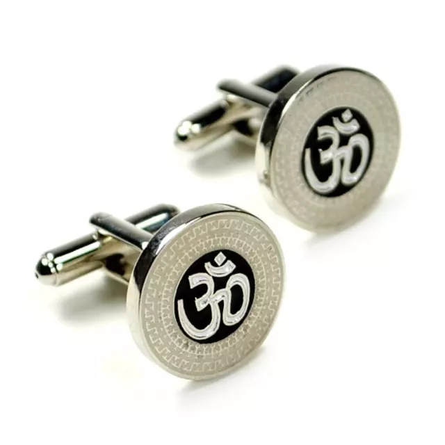 OM CUFFLINKS Ohm Aum Symbol Hindu Yoga NEW w GIFT BAG Pair Silver Tone