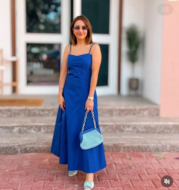 ZARA WOMAN NEW BLUE/ECRU PRINTED COTTON POPLIN LONG MIDI MAXI DRESS SIZE M  26.70 - PicClick UK
