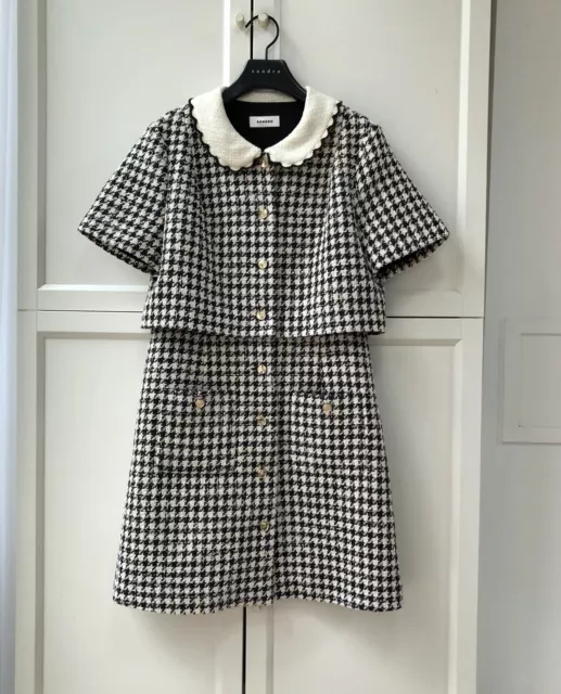 Sandro Collared Houndstooth Tweed Patchwork Mini Dress