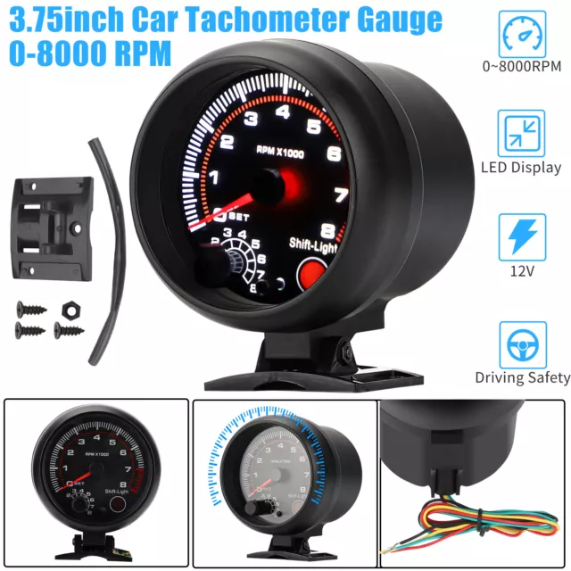 3.75" 12V Car Tachometer Gauge Meter 0-8000 RPM With LED Shift Light Universal