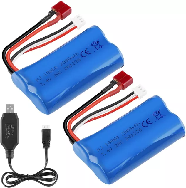 2 x 2000mAh 7,4V 2S Li-Ion Batería Conector T 20C con Cargador USB para Coche RC