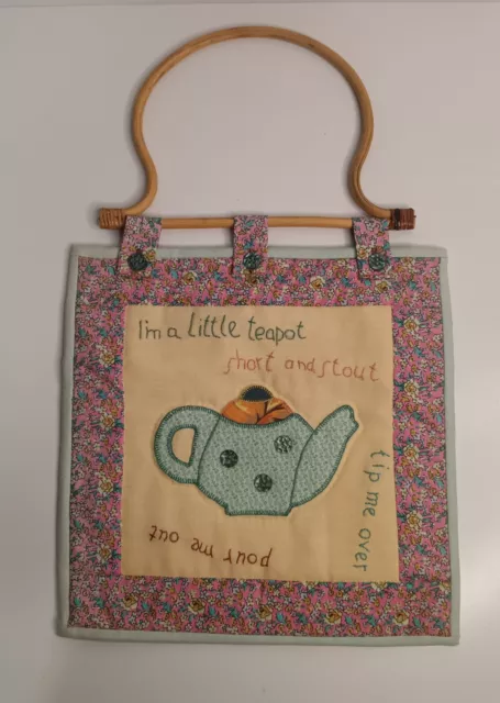 Im A Little Teapot Vintage Handmade Wall Hanging Kitsch Decor Cotton Wood Handle