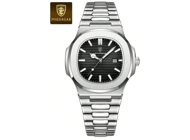 Montre Poedagar De Luxe - Boîtier Acier Inox 41mm, Cadran Argent/bleu, Chronographe, Quartz, Neuve Avec Boîte