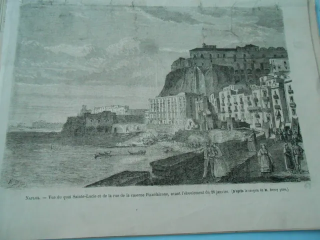 1868 engraving - Naples view of the quai Sinte Lucie and rue de ka barracks Pizzafalcone