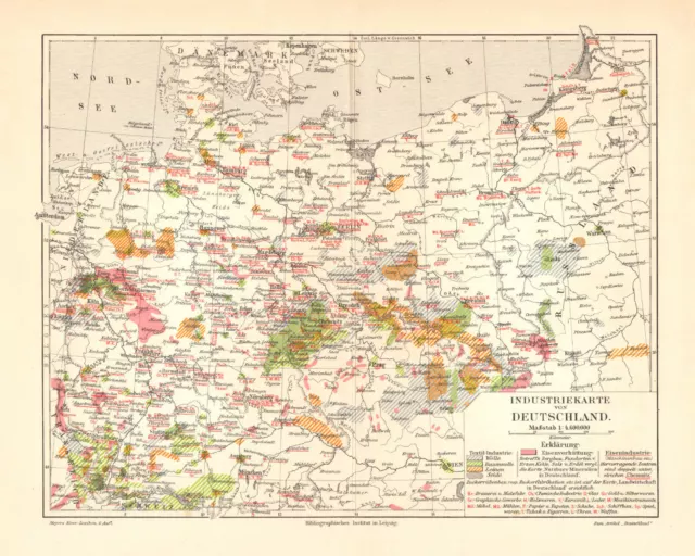 Industrie in Deutschland historische Landkarte Lithographie ca. 1903 alte Karte