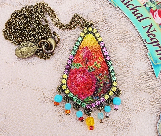 Michal Negrin Pendant Necklace Handmade Textured Victorian Multicolor Floral
