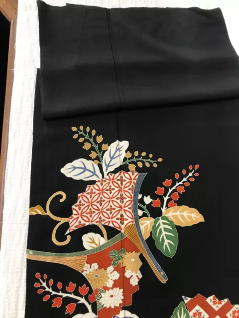 @@ Antique Japanese kimono silk fabric/ tomesode black/ folding fans FX61 5