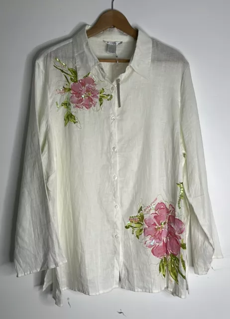 Sarah Spencer Womens Linen Size 3X Shirt Button Down Embroidered White