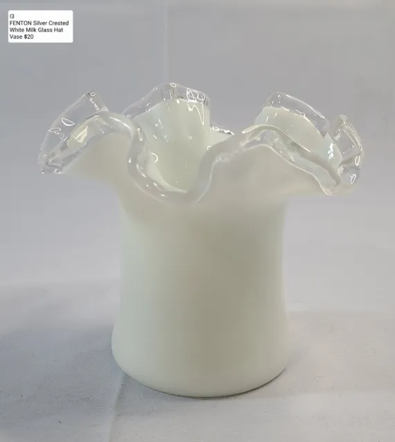 Vintage Fenton Silver Crest White Milk Glass Ruffled Edge Hat Vase