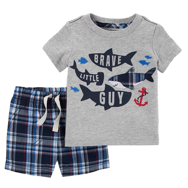 Carters Infant Boys 2-Piece Brave Little Guy Shark T-Shirt & Plaid Shorts Set