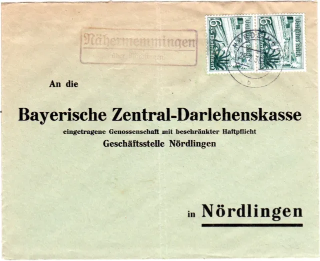 DR 1938, Landpost Stpl. Nähermemmingen über Nördlingen auf Brief m. MeF 2x6 Pf.