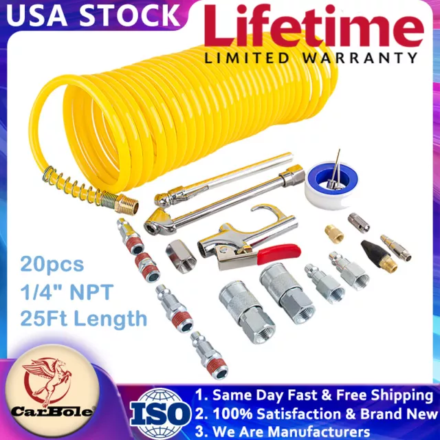 NEW 20X Air Compressor Accessory Kit 5Ft Recoil Hose Gun Nozzles Set 1/4" NPT US