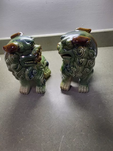 Vintage 8.5” Majolica Ceramic Chinese Foo Dogs Pair, 1950's?