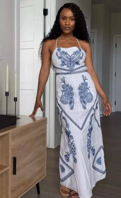 ZARA BLUE & White Cotton Embroidered Midi Maxi Dress Size M Holiday  5107/259 54.78 - PicClick UK