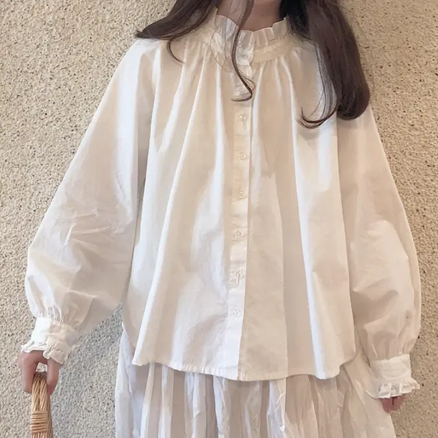 Women Shirt Girls Lolita Blouse Ruffle Loose Puff Sleeve Princess Tops White