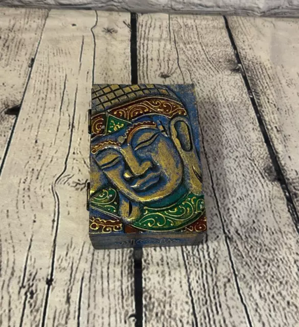 Blue Gold Thai Buddha Head 15cm x 10cm x 5cm Wooden Box Trinket Handmade