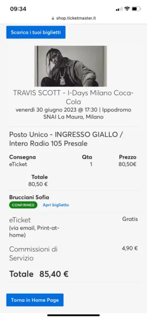 biglietto travis scott concerto 30/06 Milano ippodromo snai ingresso giallo