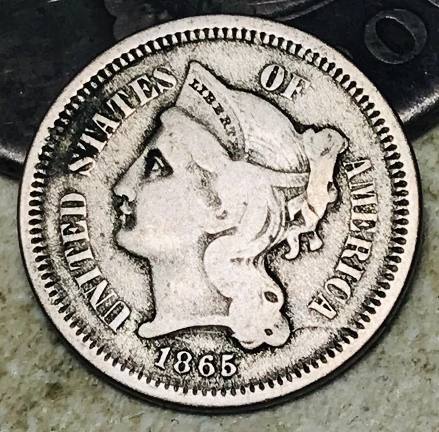 1865 Three Cent Nickel Piece 3C Die Cracks Civil War Date US Type Coin CC17799