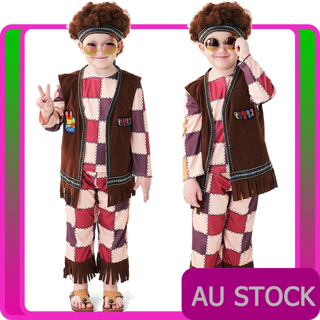 BOYS KIDS HIPPIE AROMA CHILD FANCY DRESS COSTUME 1980s 80s HIPPY GROOVY OUTFIT E