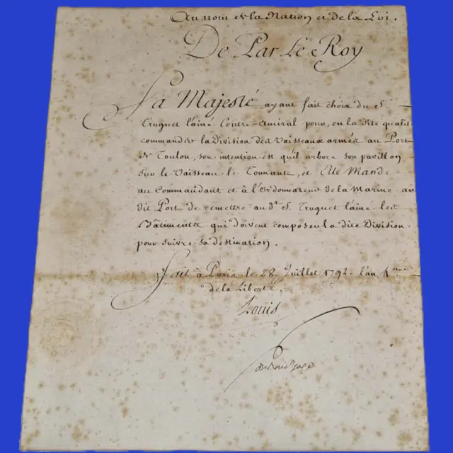 1792 antiquité manuscrit Louis XVI Vaisseau Le Tonnant Toulon, Comte Treguet