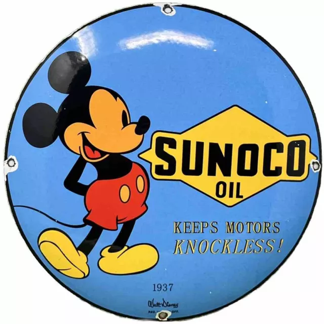 Vintage Sunoco Disney Mickey Mouse Porcelain Sign Pump Plate Gas Station Oil