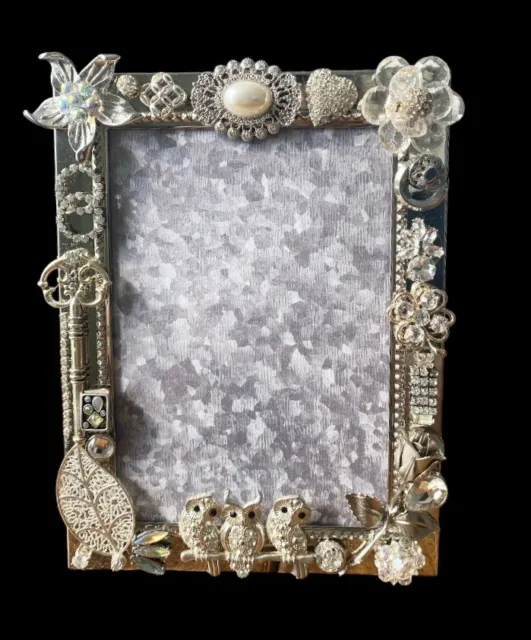 Vintage Jewelry Art Picture Frame Rhinestone Bling Embellished Ooak