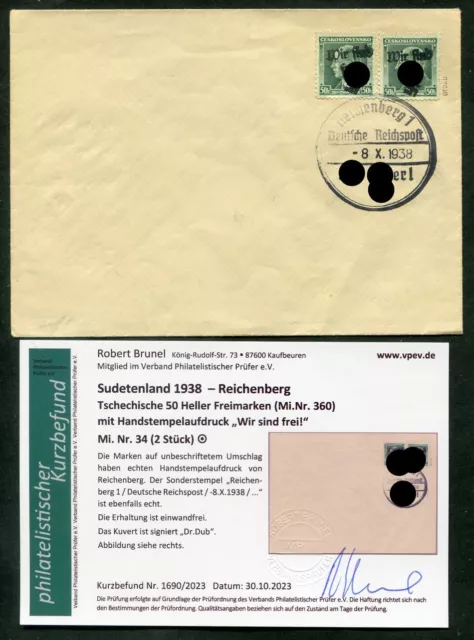 Sudetenland Reichenberg 34 auf Beleg+gepr. BEFUNDEUR (T7981
