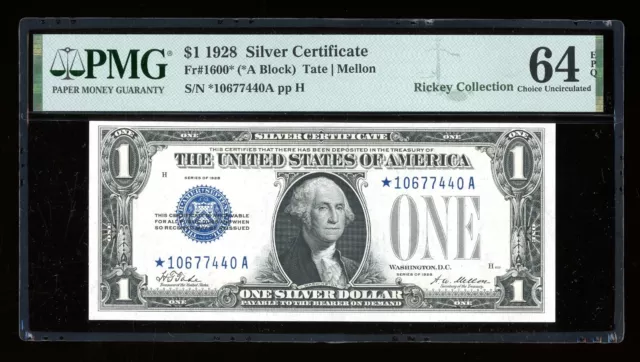 DBR 1928 $1 Silver Funnyback STAR Fr. 1600* PMG 64 EPQ Serial *10677440A