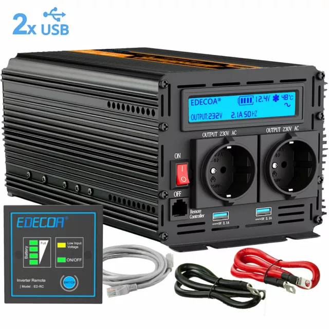 EDECOA 1000W/2000W Convertisseur Pur Sinus 12V 220V Onduleur LCD Camping