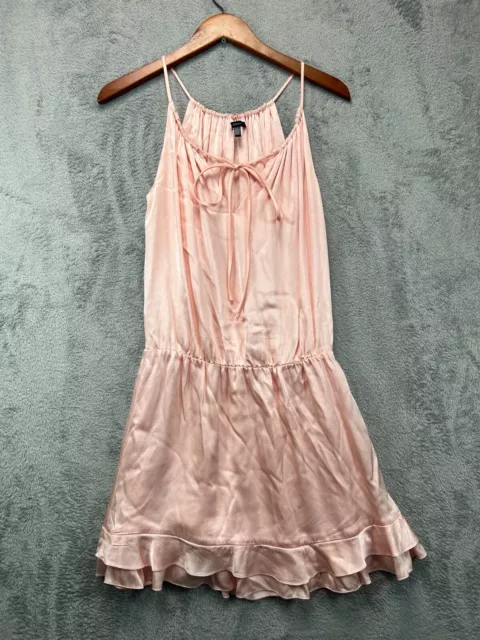 Anthropologie DREW Dress Womens XS Pink Satin Mini Drop Waist Ruffle Sleeveless