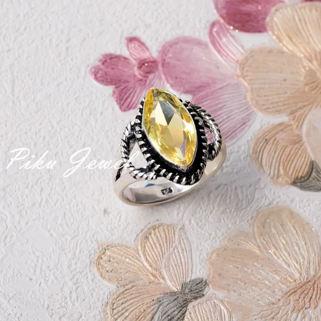 Bague Solitaire En Citrine Naturelle Et Argent 925 - Pierre Rectangle 23,8 Carats, Taille Ajustable - Neuf Sans Emballage