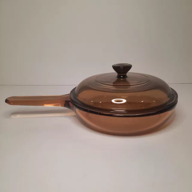 Corning Visions 7" Skillet Frying Pan Amber Glass Pyrex Lid Waffle Bottom France