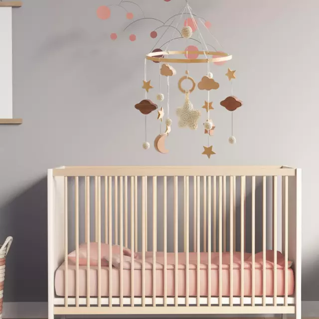 Wooden Baby Crib Mobile, Bed Bell Toy Stroller Hanging Toy Cot Rotating Mobile