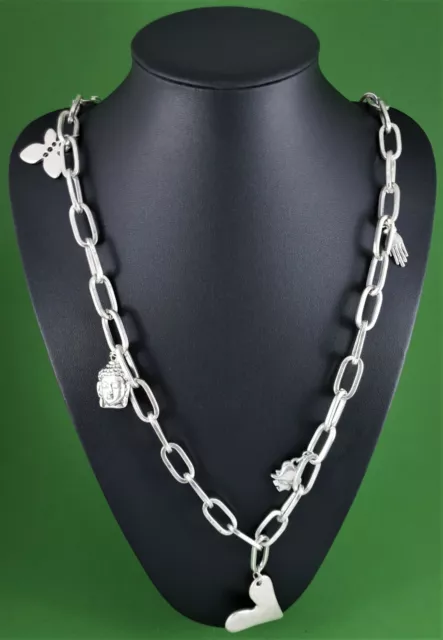 Antique Silver Chunky Chain With Various Silver Charms Long Necklace 98 cm
