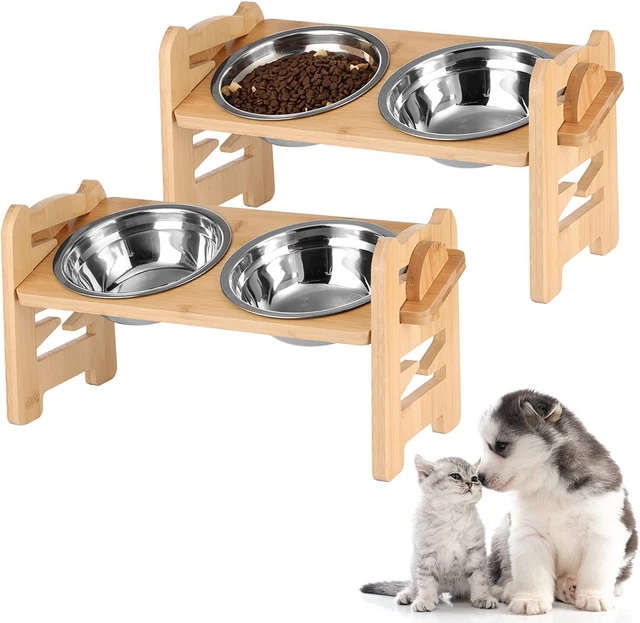 2PCS Elevated Dog Cat Bowls Adjustable Bamboo Anti Slip Food Water Feeder Bowl