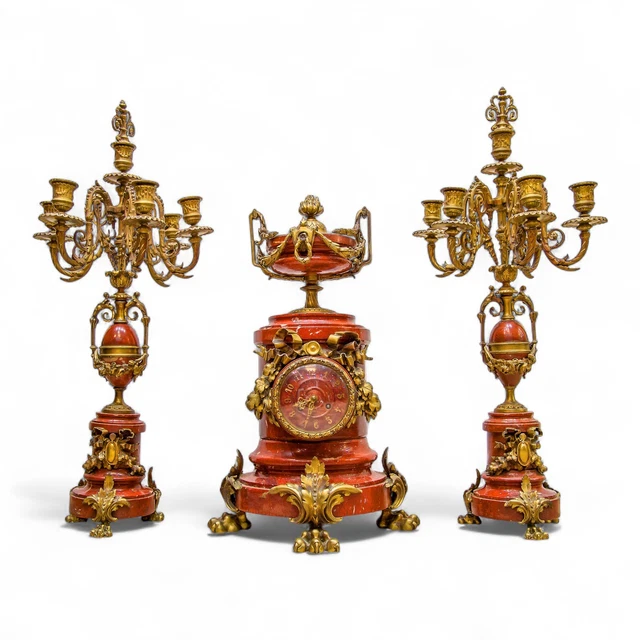 Antique Rouge Color ANTIQUE FRENCH ROUGE Marble & Ormolu Clock Set – 19th Century Mantel ...