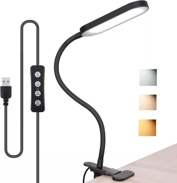 Clip On Reading Light, Eye-Care Dimmable Desk Clamp Lamp with 3 Color Temperatu