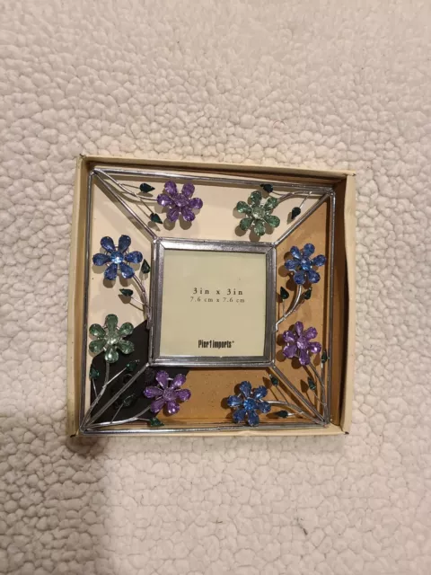 Pier 1 Imports 2002 Vintage  Faux Gemstone Flower 6 x 6 Metal Picture Frame New