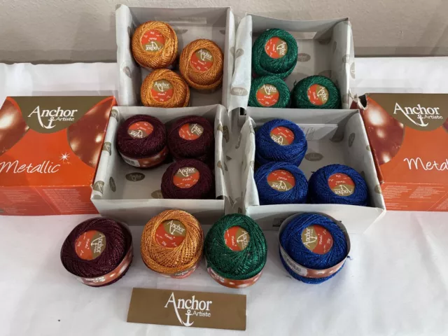 4 Boxes Anchor Artiste Metallic Green Orange Blue Red Knit Crochet Thread Yarn