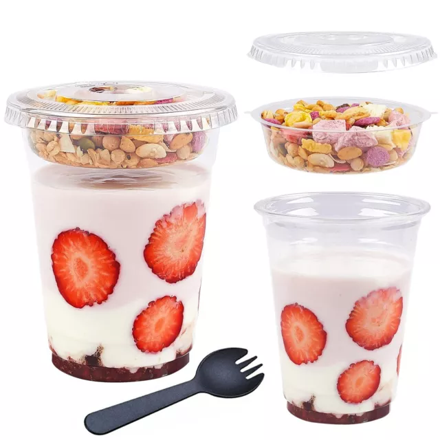 50Sets 12 oz Clear Plastic Parfait Cups with Flat Lids (No Hole) Insert and S...