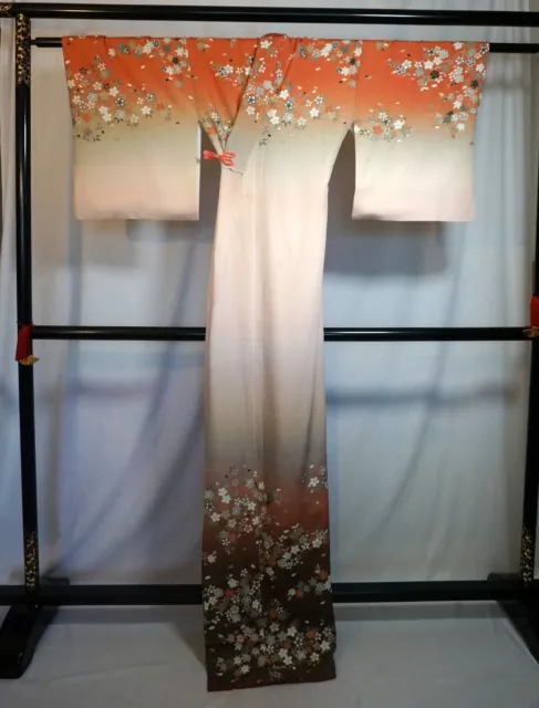 Japanese kimono  "HOUMONGI" A branch plum blossoms, SAKURA, Gold leaf, L66".2867