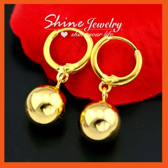 24K Gold Filled 10Mm Round Bead Ball Drop Dangle Women Girls Solid Hoop Earrings