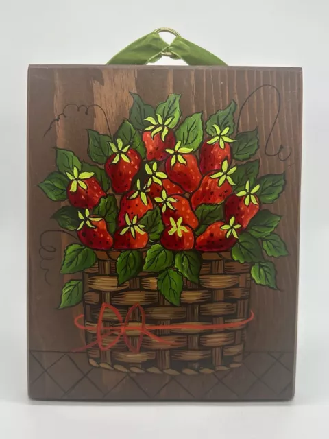 Vintage Hand Painted Wooden Strawberry Art Wall Hanging 8x10 Retro Strawberries