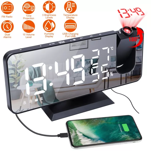 7.5” Digital Snooze Dual Alarm Clock with Projection FM Radio Mirror LED Display