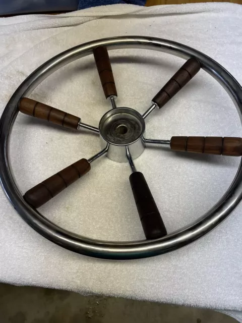 Vintage 16 Inch Boat Steering Wheel Stainless Steel Teak