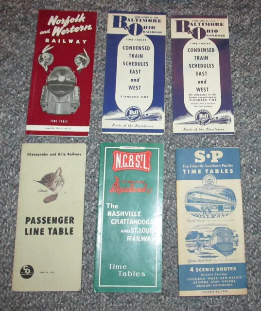 6 - 1950's Railroad Timetables B&O C&O Norfolk Western NC&STL SOuthern Pacific