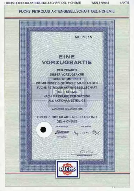 Fuchs Petrolub AG Oel Chemie 1985 Mannheim Frauenfeld Schweiz 50 DM Vorzugsaktie