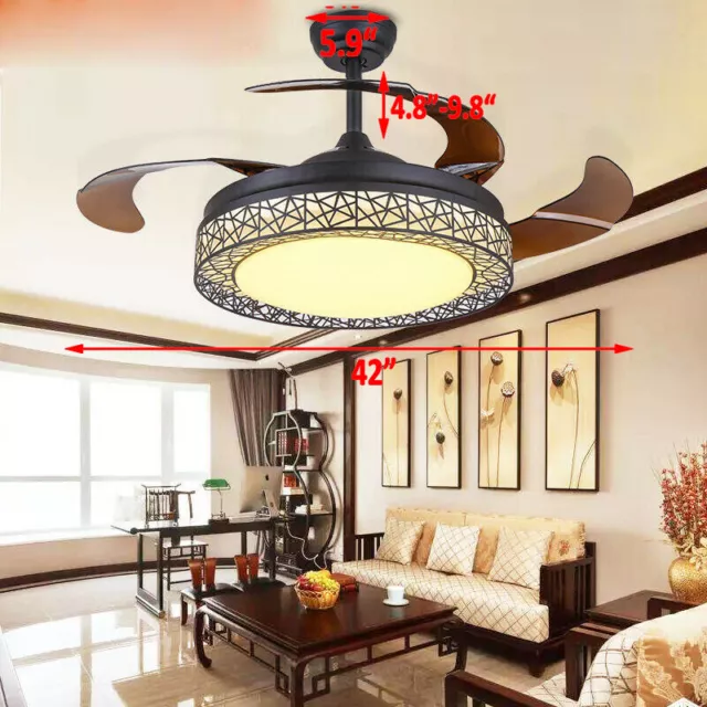 Modern LED 3-Color Change Chandelier Bedroom Ceiling Fan Light +Remote 4 Blades