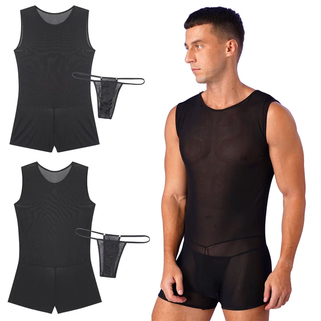 MEN SEETHROUGH JUMPSUIT Onepiece Mesh Sheer Bodysuit Sleeveless Sissy