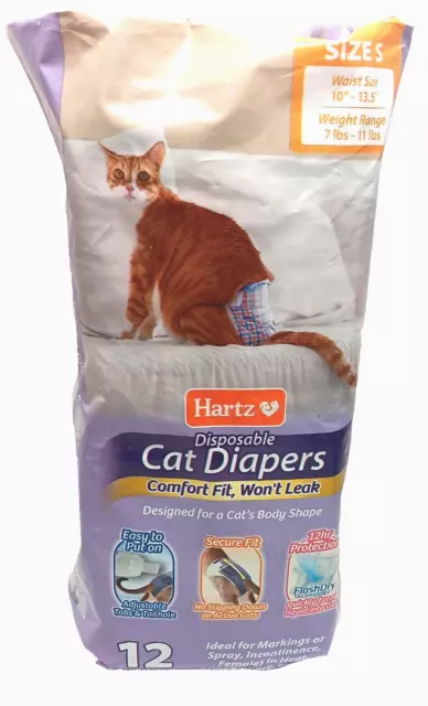 12 PACK Hartz Disposable LEAKPROOF Cat Diapers for Male or Female Cat Size SMALL